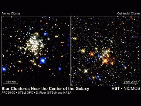 Dvě hvězdná soustava v centru Galaxie zachycená dalekohledem Hubble.