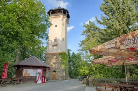 Historická věž v Karlových Varech s okolní zelení.