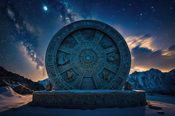 Velký kamenný zodiakální kolo pod hvězdnou oblohou v zimní krajině.