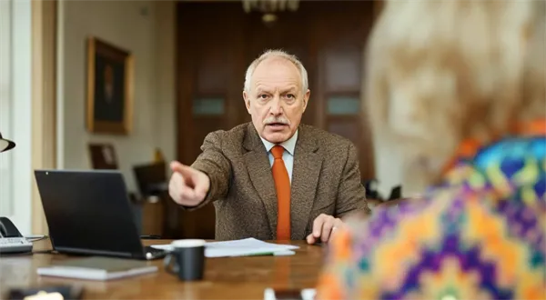 Muž v kanceláři ukazuje prstem na osobu při diskusi o výpovědi.