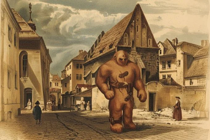 Velký golem chodí po pražské ulici mezi domy.
