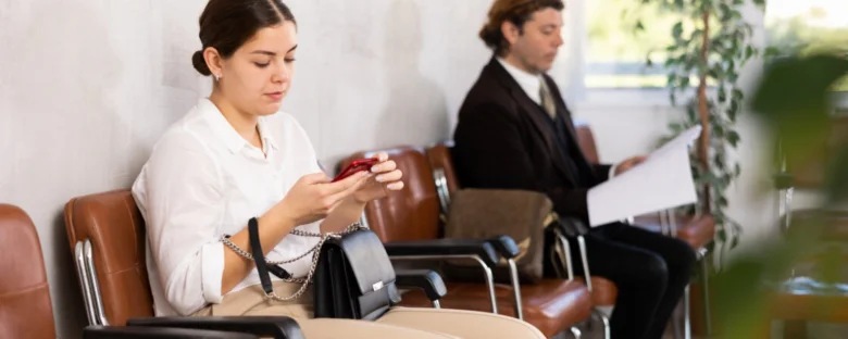 Žena čeká na podporu v nezaměstnanosti s mobilním telefonem.