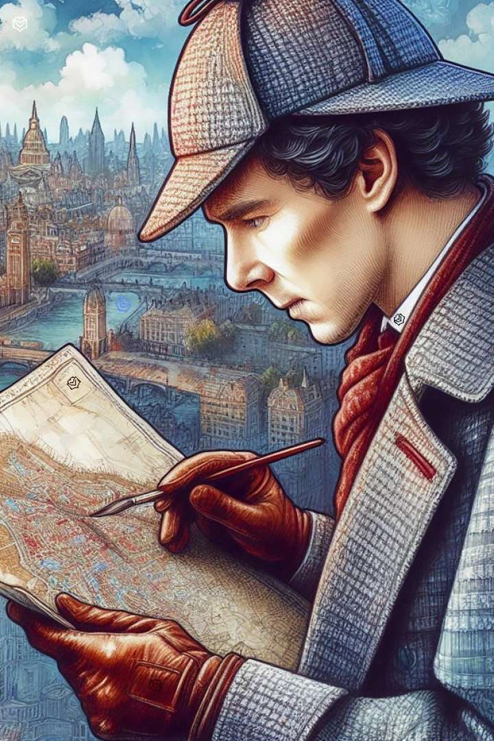 Ilustrace detektiva Sherlocka Holmese s lupou nad Londýnem.