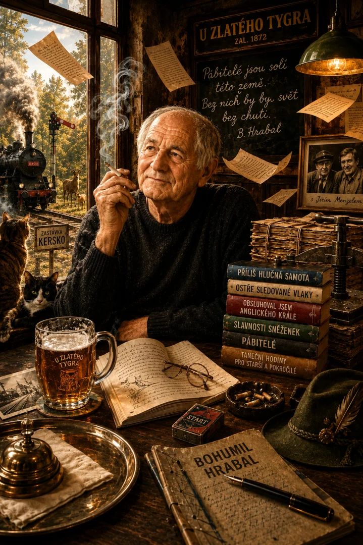 Bohumil Hrabal sedící u stolu s knihami v interiéru