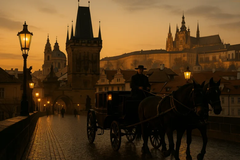 Kozlík na Karlově mostě v Praze při západu slunce.