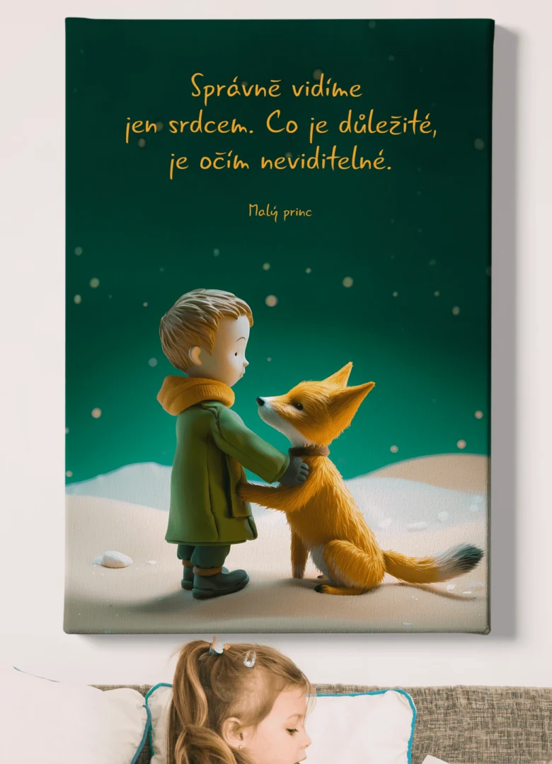 Malý princ s liškou pod hvězdnou oblohou v citátu o lásce.