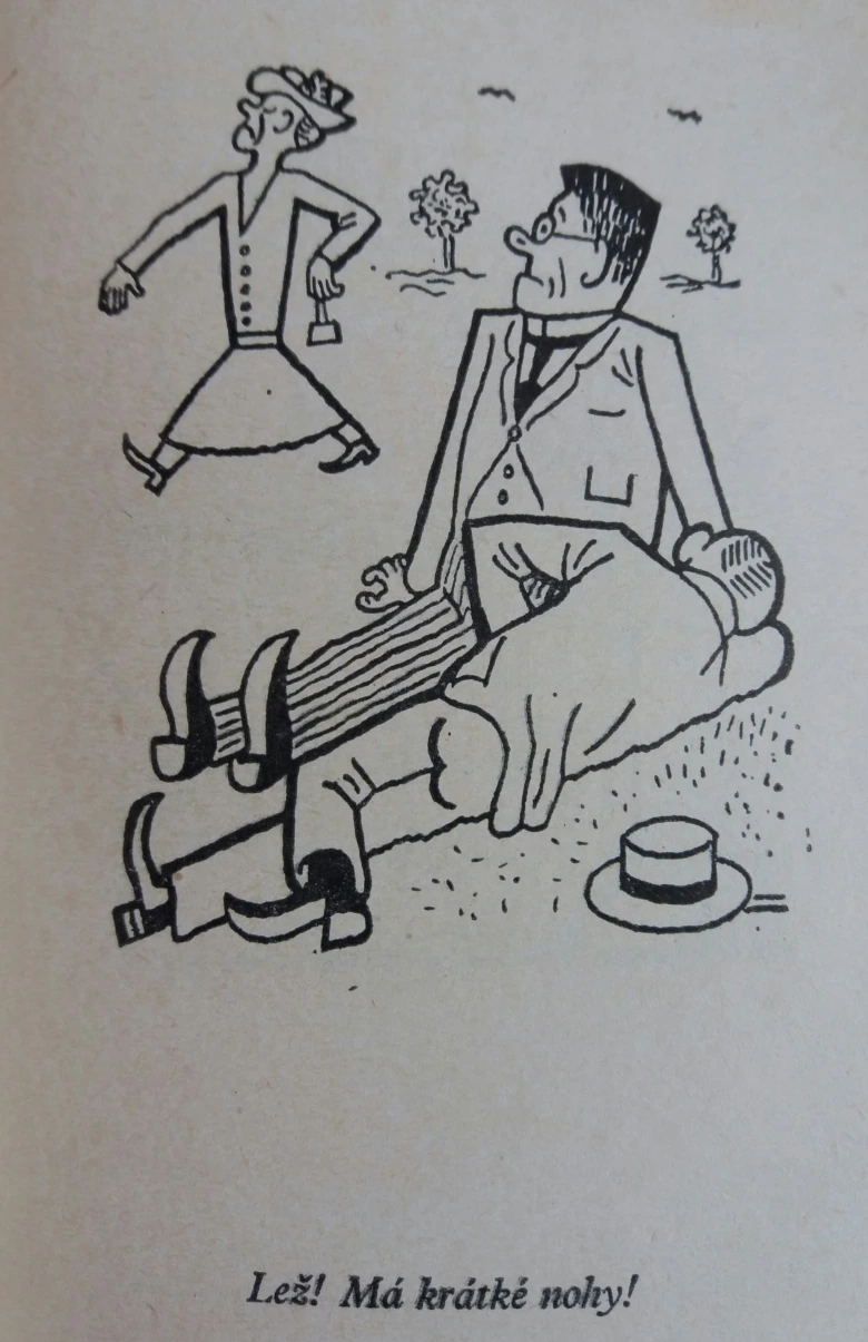 Ilustrace českého přísloví o krátkých nohách s postavami.