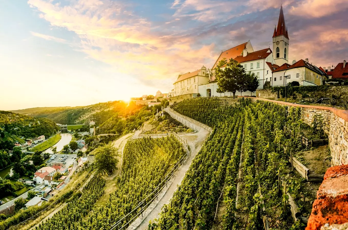 Výhled na vinice s kostelem nad řekou ve Znojmě.