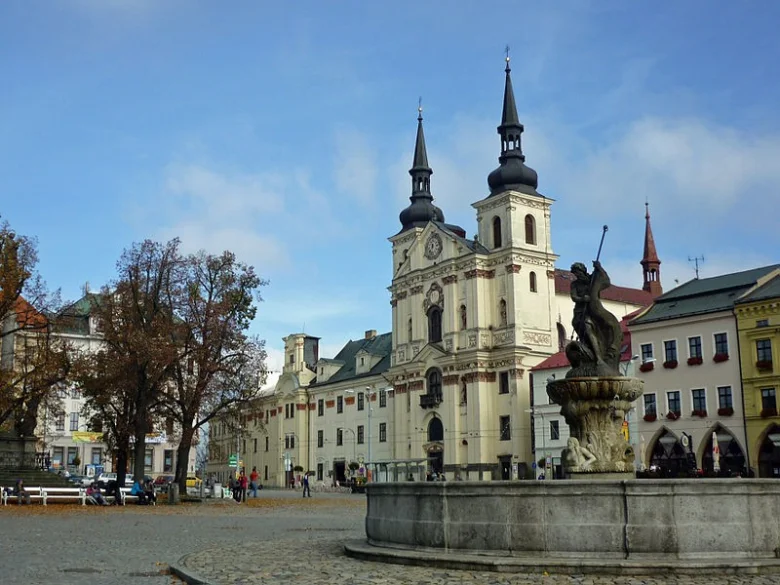 Jihlava town square with fountain and church