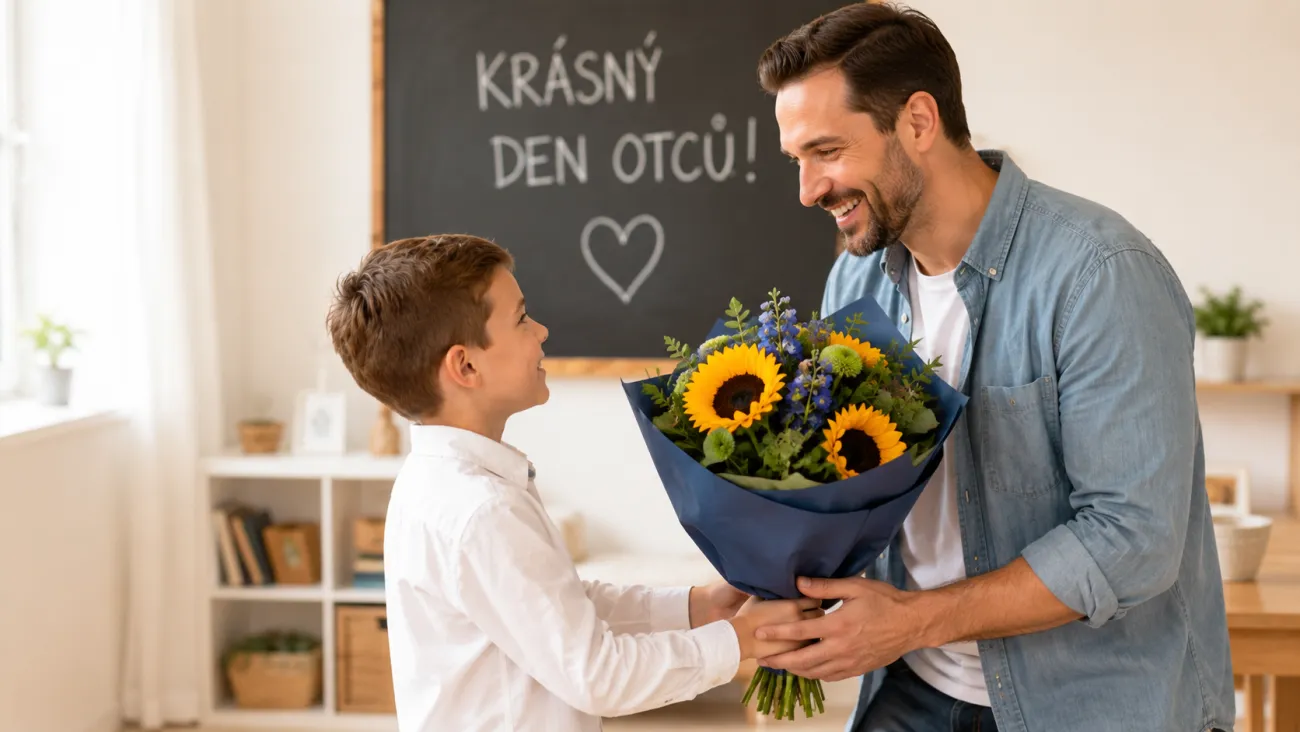 Chlapec dává otcovi kytici slunečnic před tabulí s gratulací.