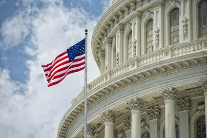 Americká vlajka před budovou Kongresu v Washingtonu.