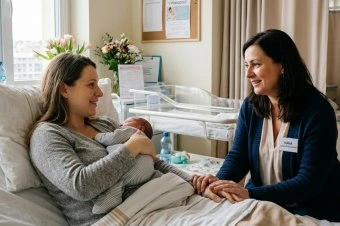 Mother holding newborn baby with nurse or social worker in h