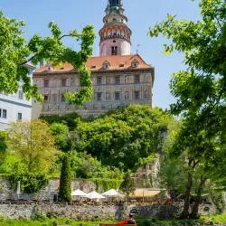 Historický hrad na kopci v Jihočeském kraji s okolní zelení.