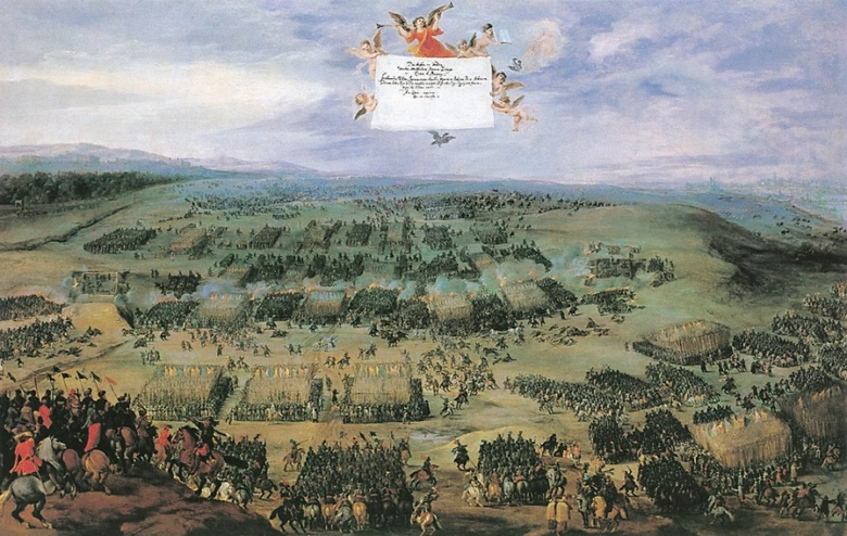 Historický obraz bitvy na Bílé hoře s vojsky v poli.