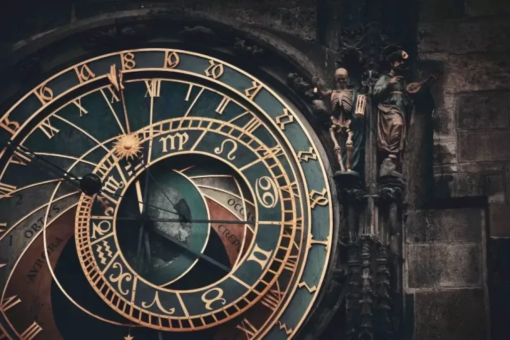Detail Pražského orloje s astrologickými znaky a sochou kostlivce.