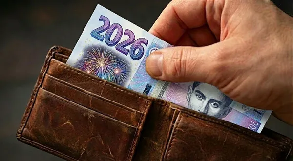 Ruka vkládá fiktivní českou bankovku z roku 2026 do peněženky.