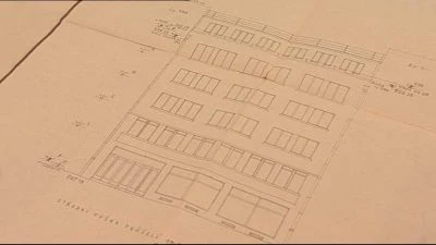 Starý architektonický plán budovy z historie pasáže Lucerna.