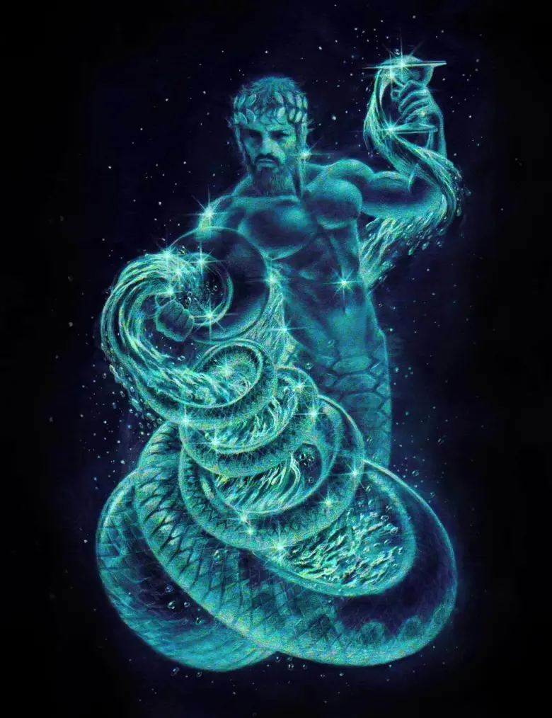 Znak Vodnáře jako svítící postava s vodou v rukou na tmavém pozadí.