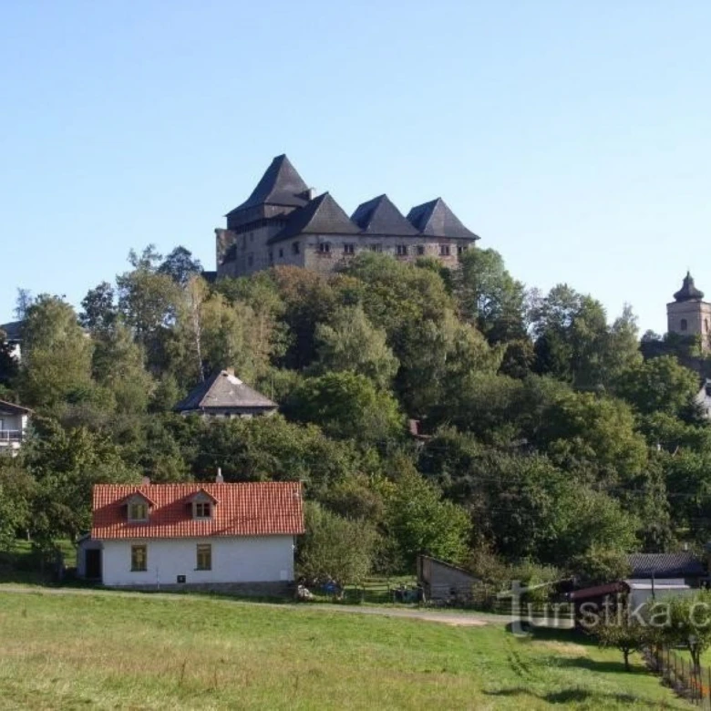 Zámek na kopci v obci Lipnice nad Sázavou s okolními domy.