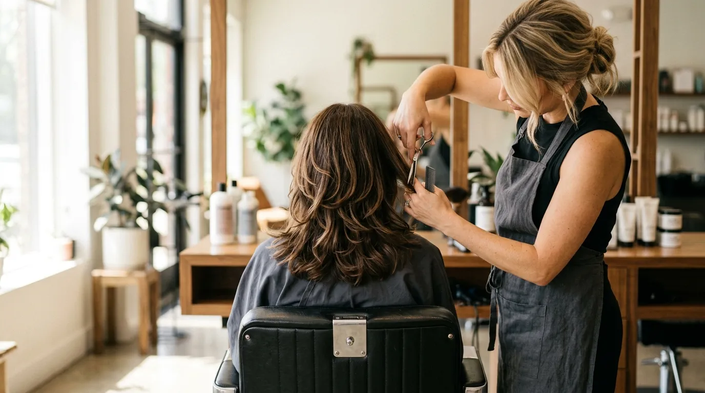 Stylista sestřihává stupňovitý polodlouhý účes klientce v kadeřnictví.