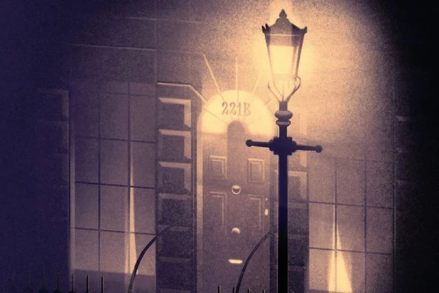 Ilustrace Londýnské ulice s číslem domu 221B za lampou.