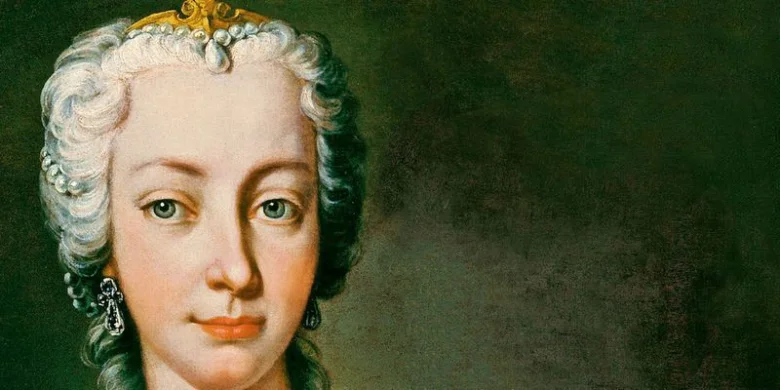 Portrét Marie Terezie s diadémem a perlovými náušnicemi.