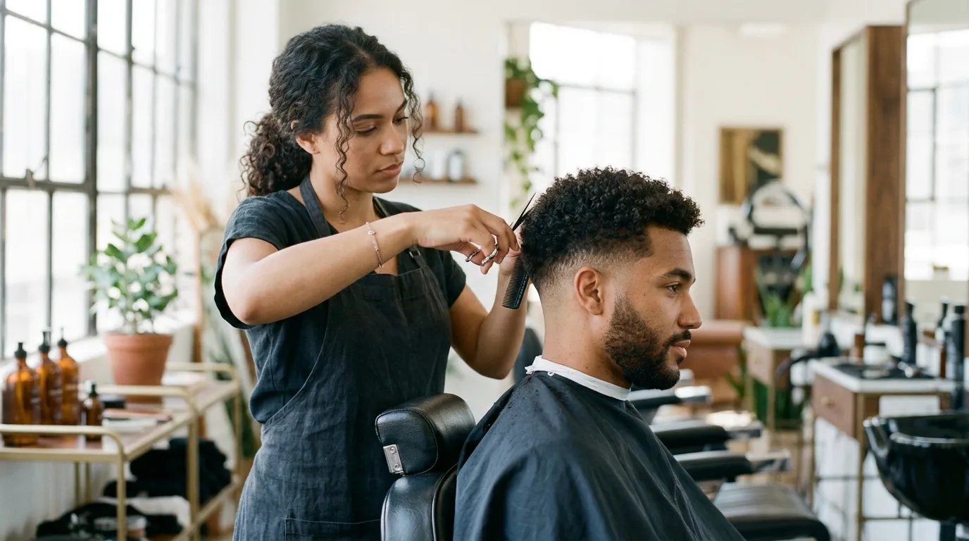 Stylista stříhá vlasy muži v kadeřnictví.