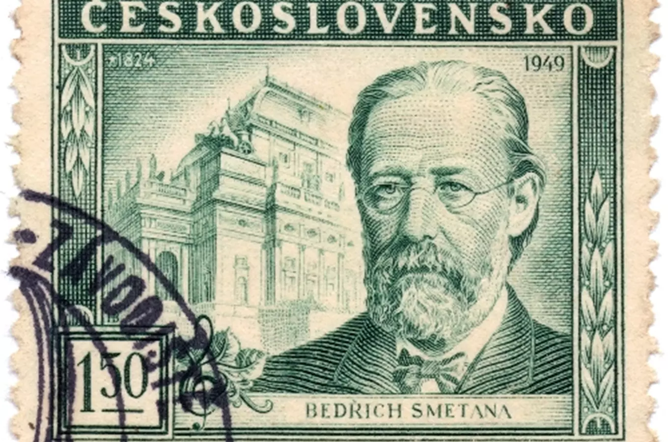 Poštovní známka s portrétem skladatele Bedřícha Smetany z roku 1949.