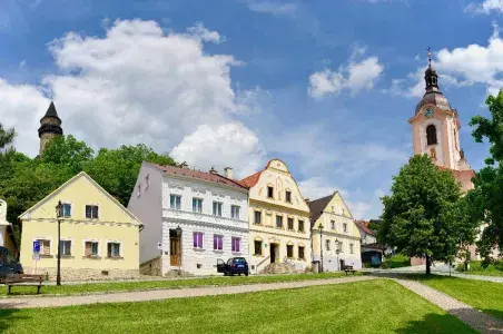 Historic town square with church tower
