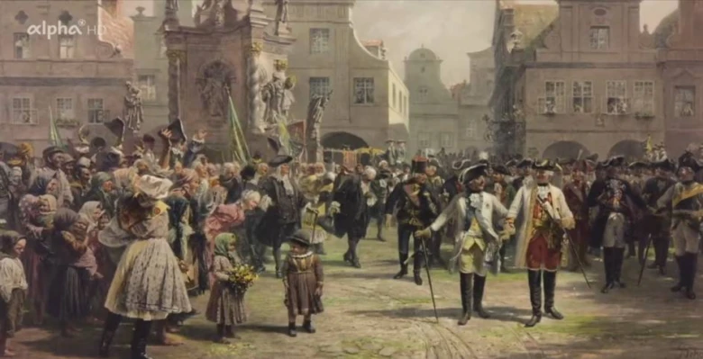 Historická scéna s davem lidí, šlechtou a vojáky na náměstí.