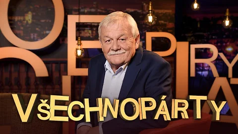 Portrét Karla Šípa v televizním studiu s nápisem Všechnopárty.