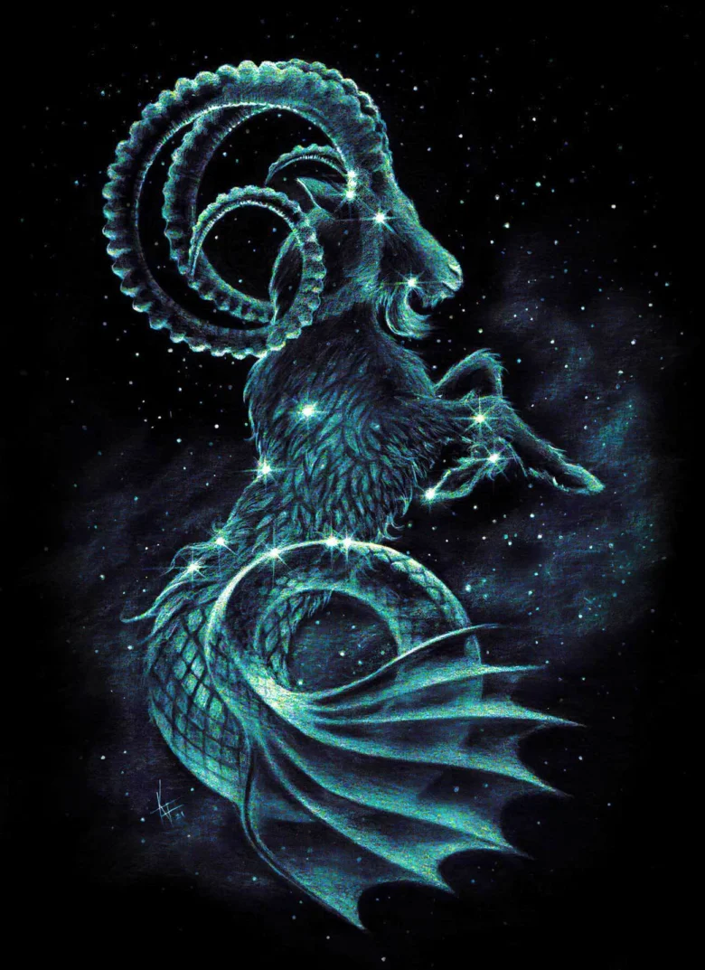 Ilustrace znamení Kozoroh jako mořský kozel na hvězdné obloze.
