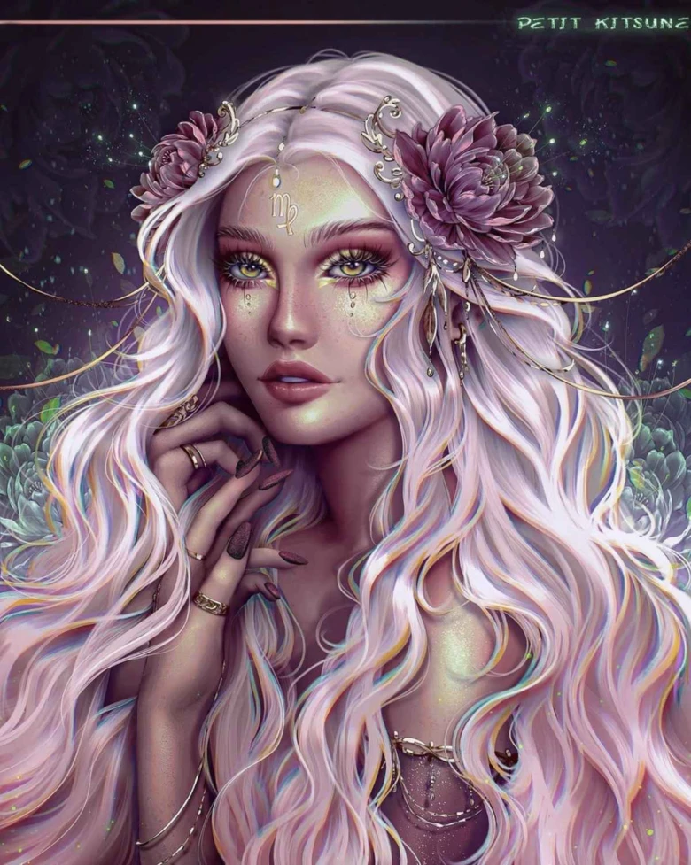 Žena s symbolem Váhy na čele jako ilustrace znamení Panny.