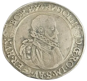 Stříbrná mince s portrétem císaře Rudolfa II.