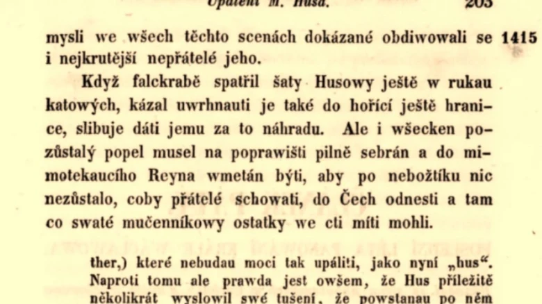 Historický dokument o upálení mistra Jana Husa v roce 1415.
