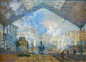 Monetův obraz Gare Saint-Lazare s parou na nádraží