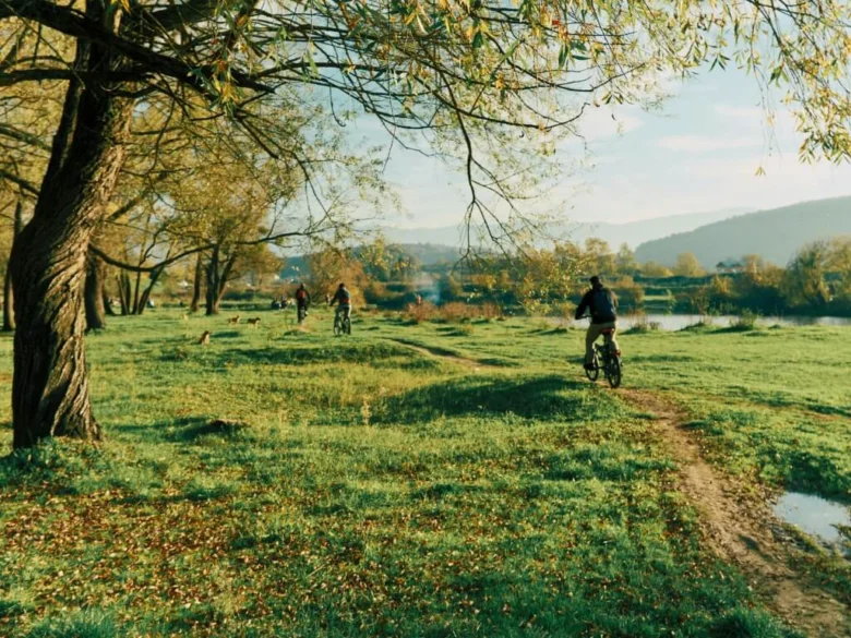 Cyklisté jezdí po trase v přírodě u vody.