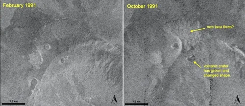 Radar snímky povrchu Venuše ukazující nové lávové proudy v roce 1991.