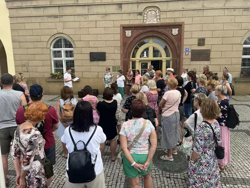 Crowd at historic building entrance