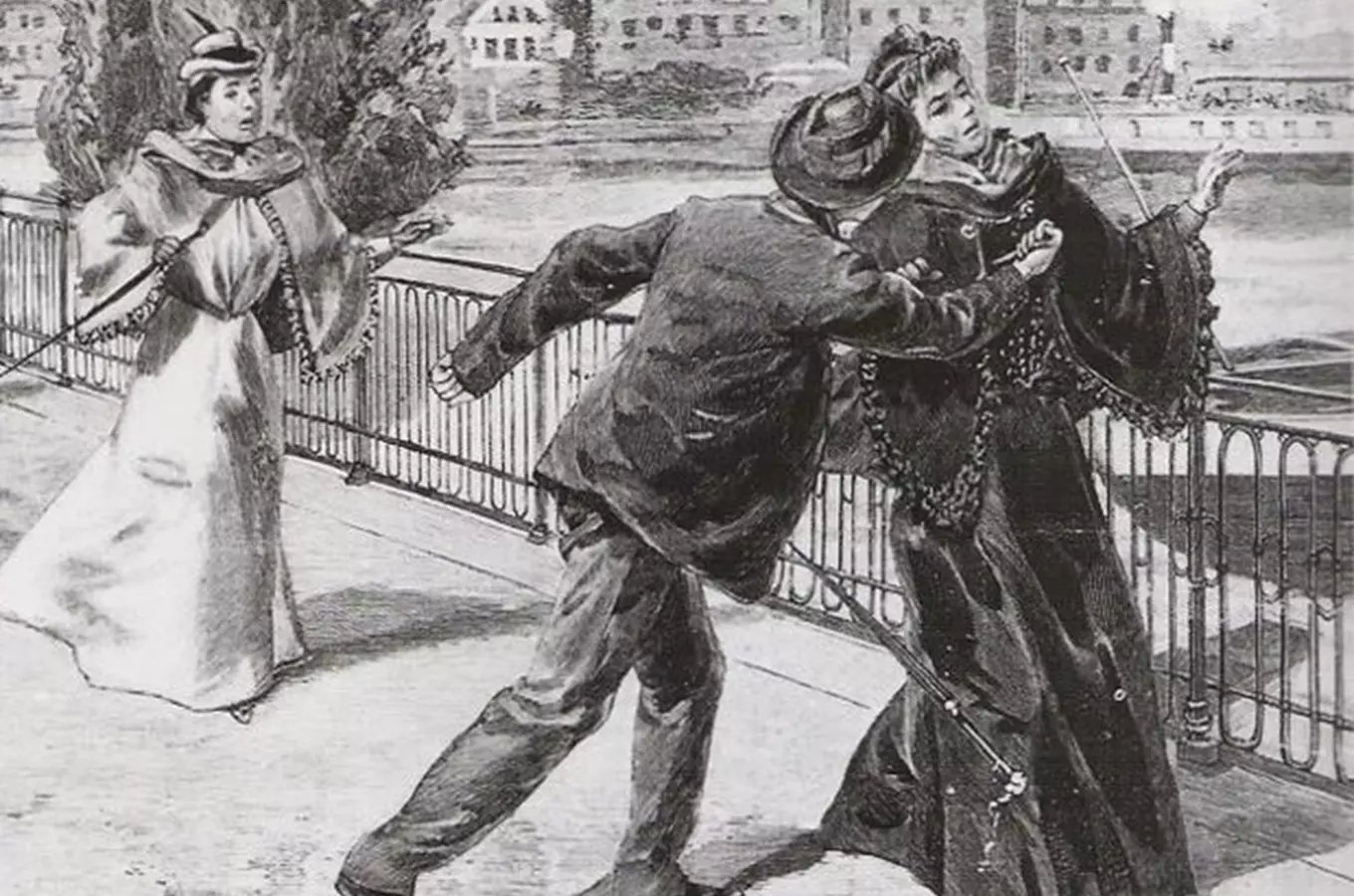 Ilustrace historické scény s císařovnou Sissi na mostě.