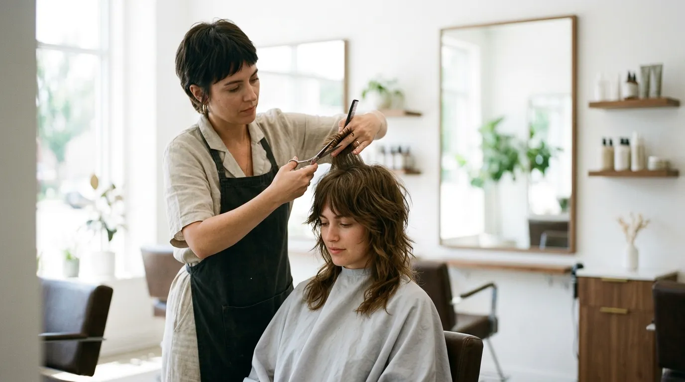 Stylista sestřihává stupňovitý polodlouhý účes klientce v kadeřnictví.