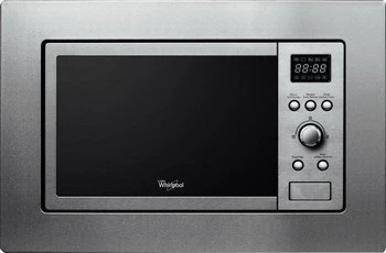 Nerezová mikrovlnná trouba značky Whirlpool s ovládacím panelem.