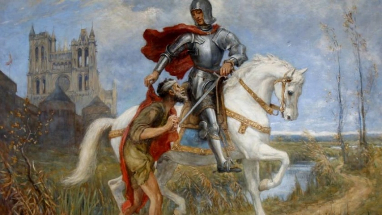 Svatý Martin na koni dělí plášť s chudákem.