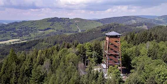 Dřevěná rozhledna na kopci s výhledem do lesa.