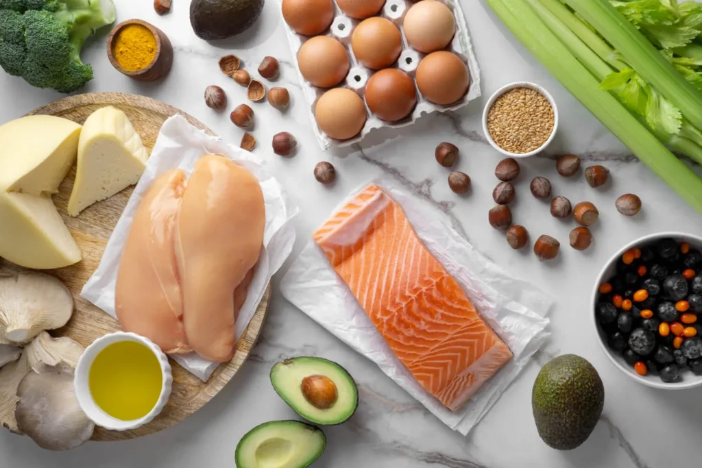 Keto diet potraviny: kuřecí prsa, losos, vejce, avokádo sýr.