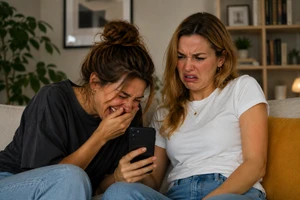 Dvě ženy sedící na gauči reagují na obsah v mobilním telefonu.