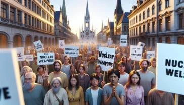 Protest proti jaderným zbraním na evropském náměstí.