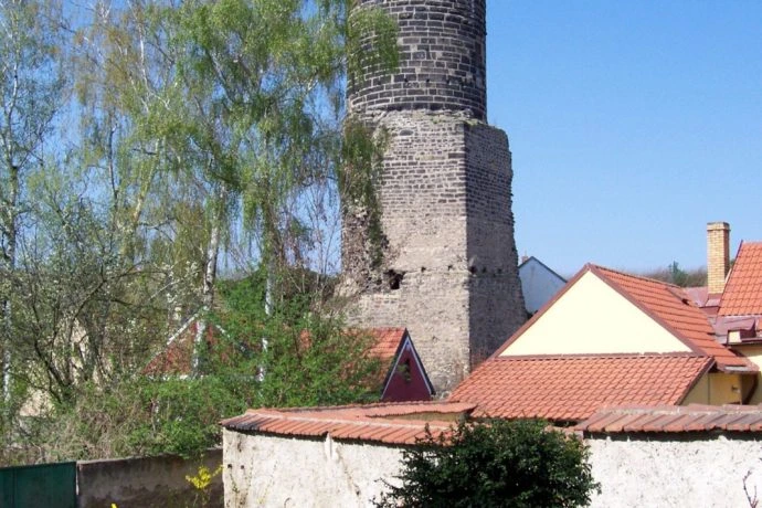 Ruina kamenné věže za střechami domů ve středních Čechách.