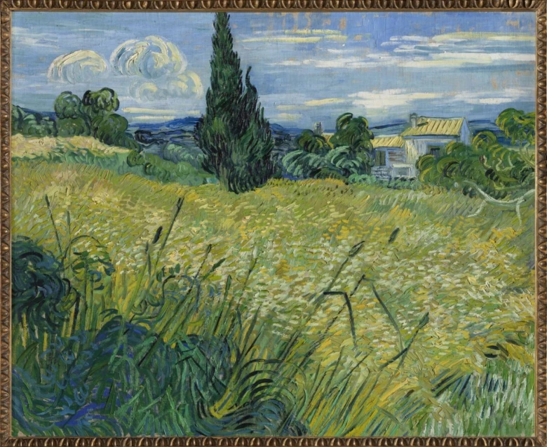 Vincent van Gogho obraz pole s borovicou na pozadí.
