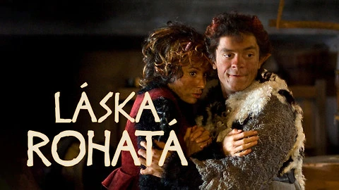 Scéna z českého pohádkového filmu Láska rohatá s dvěma herci.